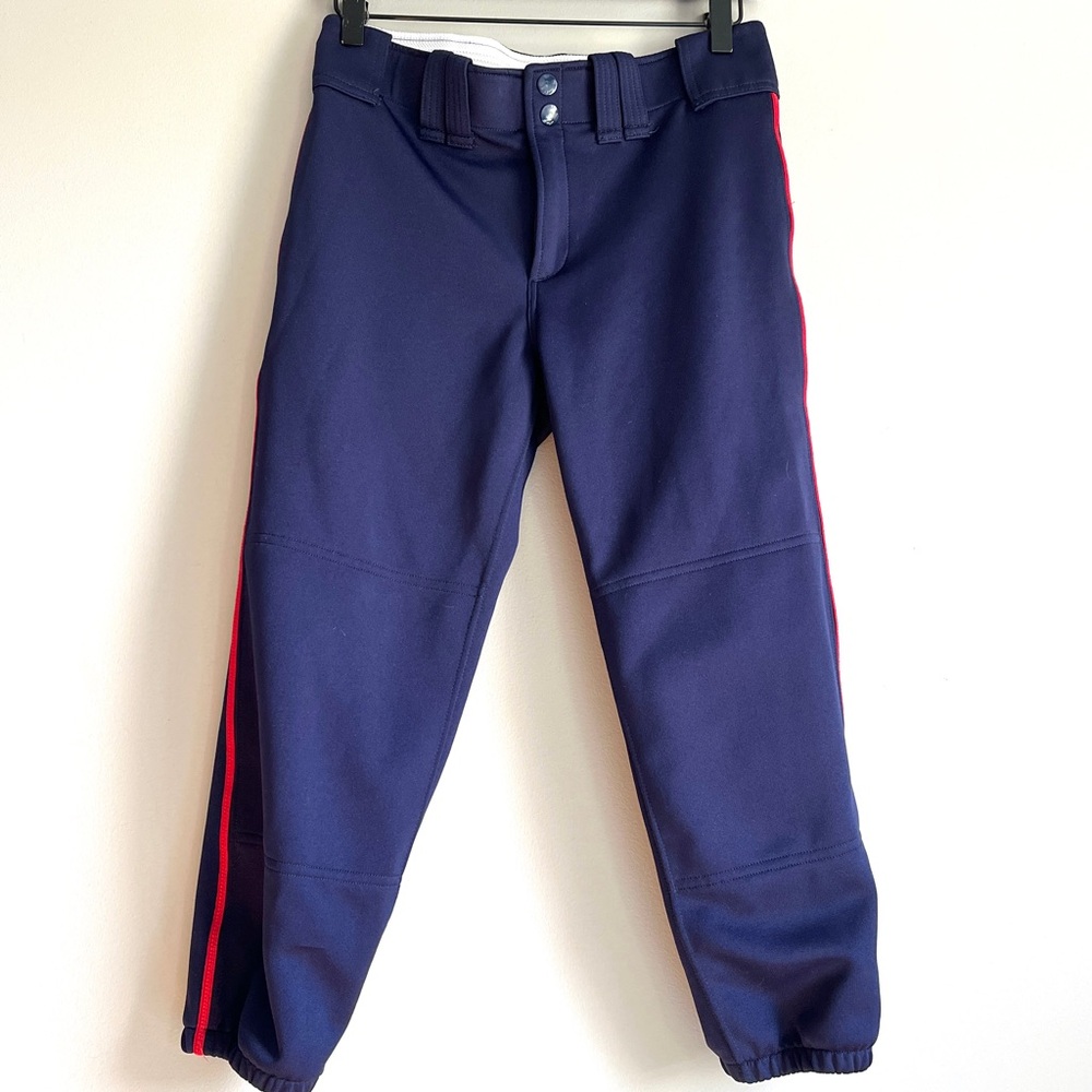 Mizuno softball pant womens belted piped small navy blue red stripe lightweight